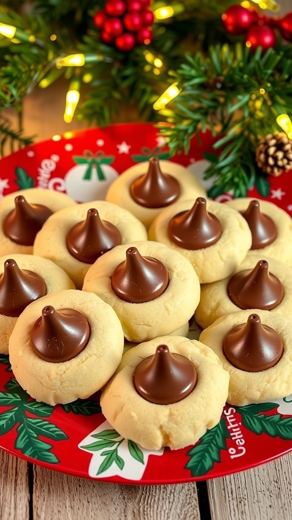 A plate of Christmas cookies topped with Hershey